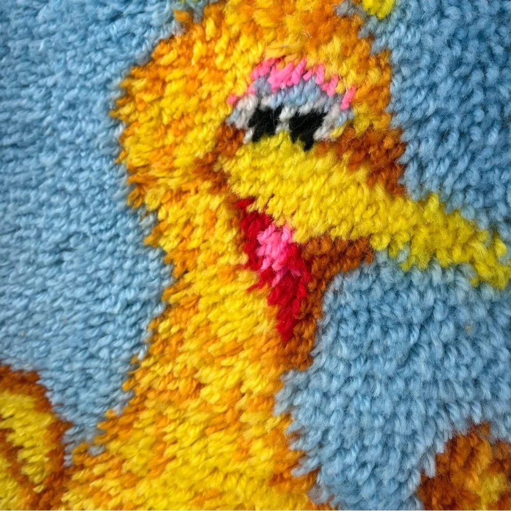 Vintage 80s Latch-Hook Yarn Tapestry Sesame Street big bird yellow green grass